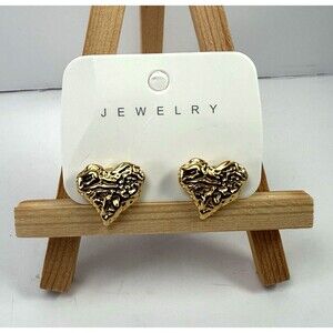Heart Earrings Gold Hammered Irregular Boho Molten Stud Statement